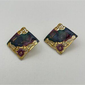 Vintage Enamel Swirl Pierced Post Earrings Gold Tone Multicolor
